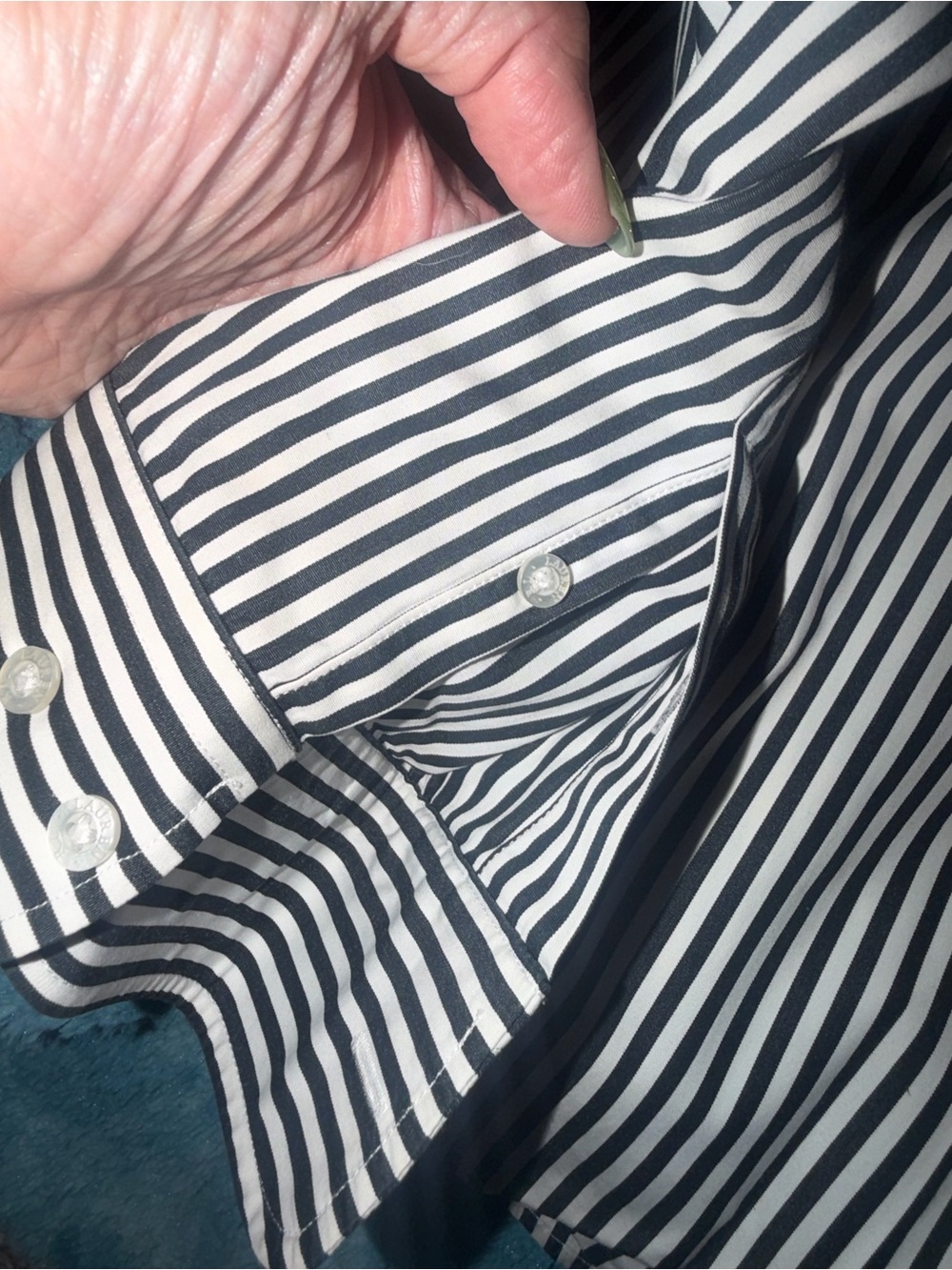 Women’s Ralph Lauren Black and White Striped Button-Down Shirt with Crest - Picture 6 of 9